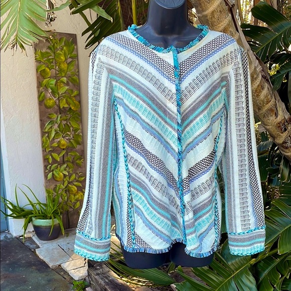 Chico’s striped ladylike tweed look jacket with fringe and braided accents - Picture 1 of 8